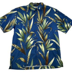 Tommy Bahama Silk Camp Shirt Blue Green Tropical Leaves Mens Small Tropical